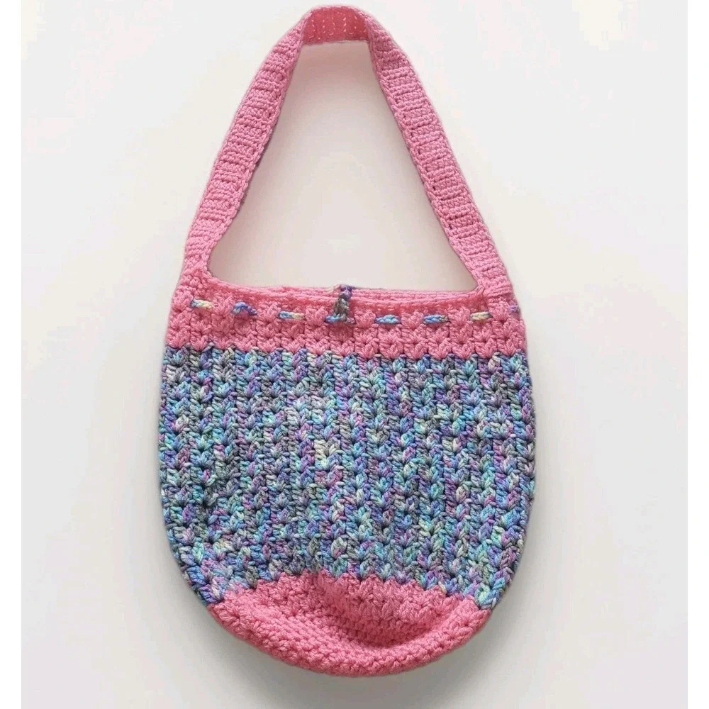 HANDMADE Crochet Boho Sling Handbag Pink Purple Blue Purse Grannycore New No Tag